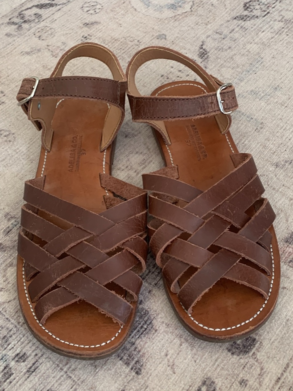 Adelisa &Co Classic Brown Leather Woven Women's Sandals - Adjustable Ankle Strap